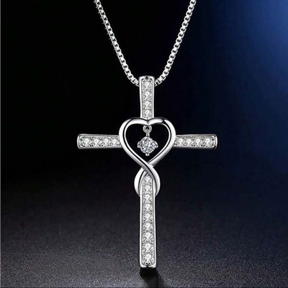 Silver Water Diamond Heart Cross Necklace - Picture 1 of 5